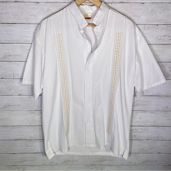 Somi White Embroidered Cotton Short Sleeve Button Up Shirt Size Large - Picture 2 of 4